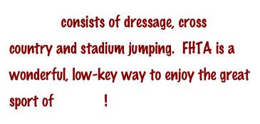 Eventing consists of dressage, cross country and stadium jumping.  FHTA is a wonderful, low-key way to enjoy the great sport of eventing! 